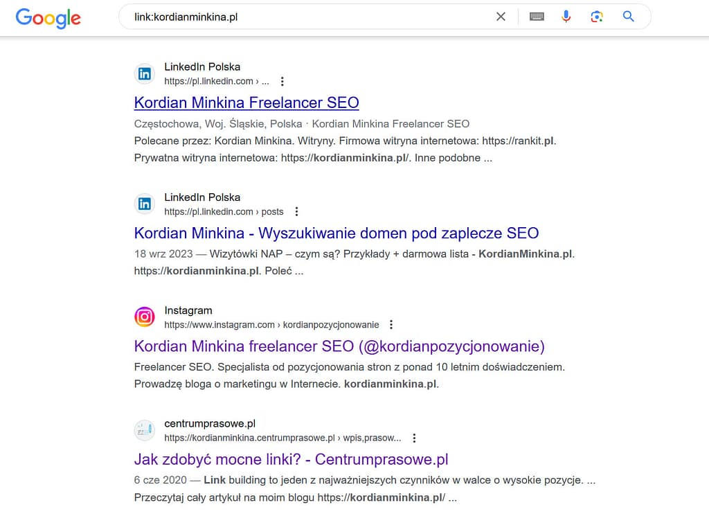 wykorzystanie operatorów do szukania linków zewnętrznych